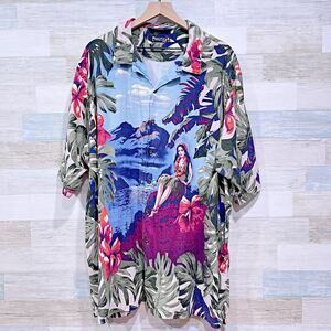 Nautica Vintage Linen Blend Hawaiian Camp Shirt Hula Girl Tropical Mens XXL 2XL